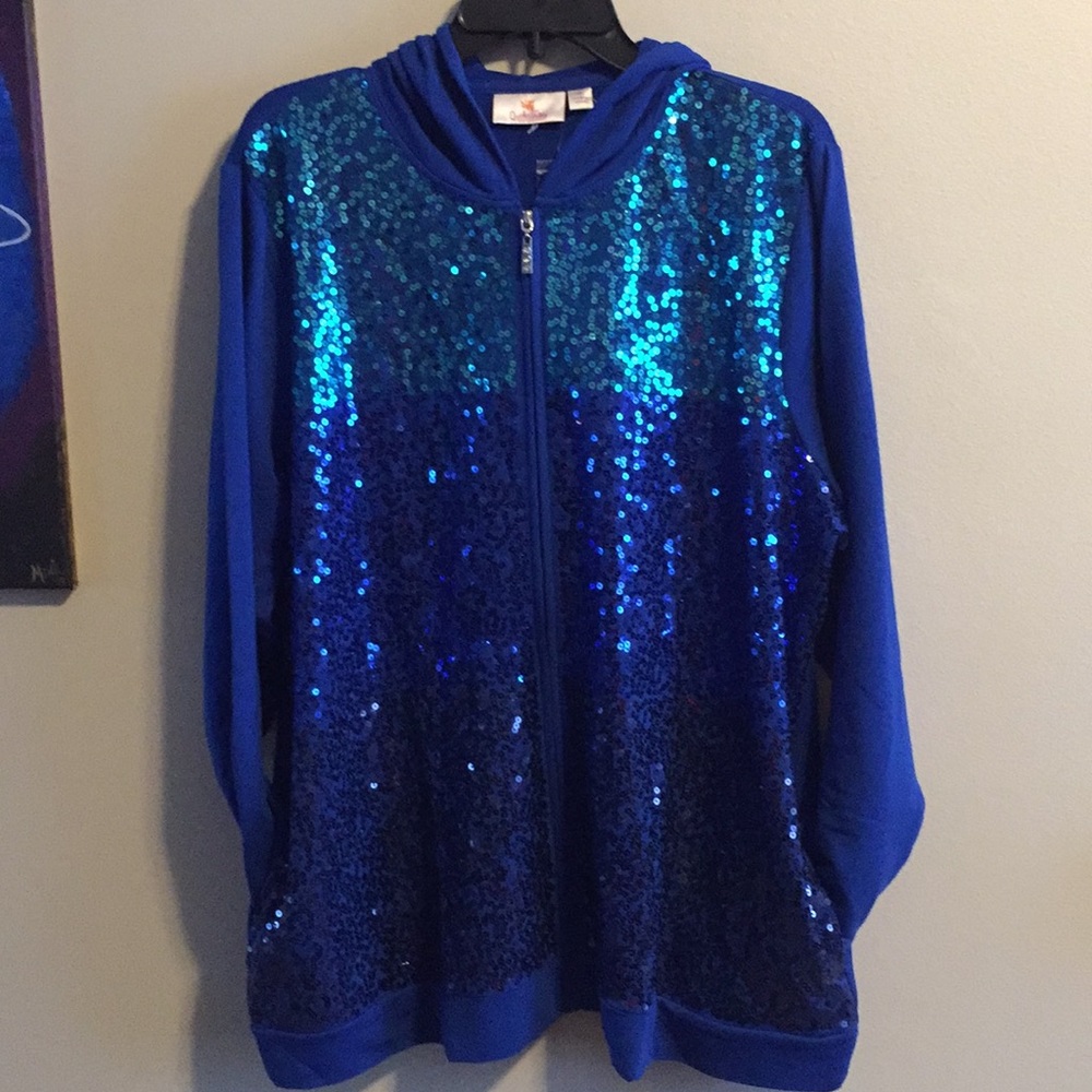 Quaker Factory Blue sequin zip hoodie XL